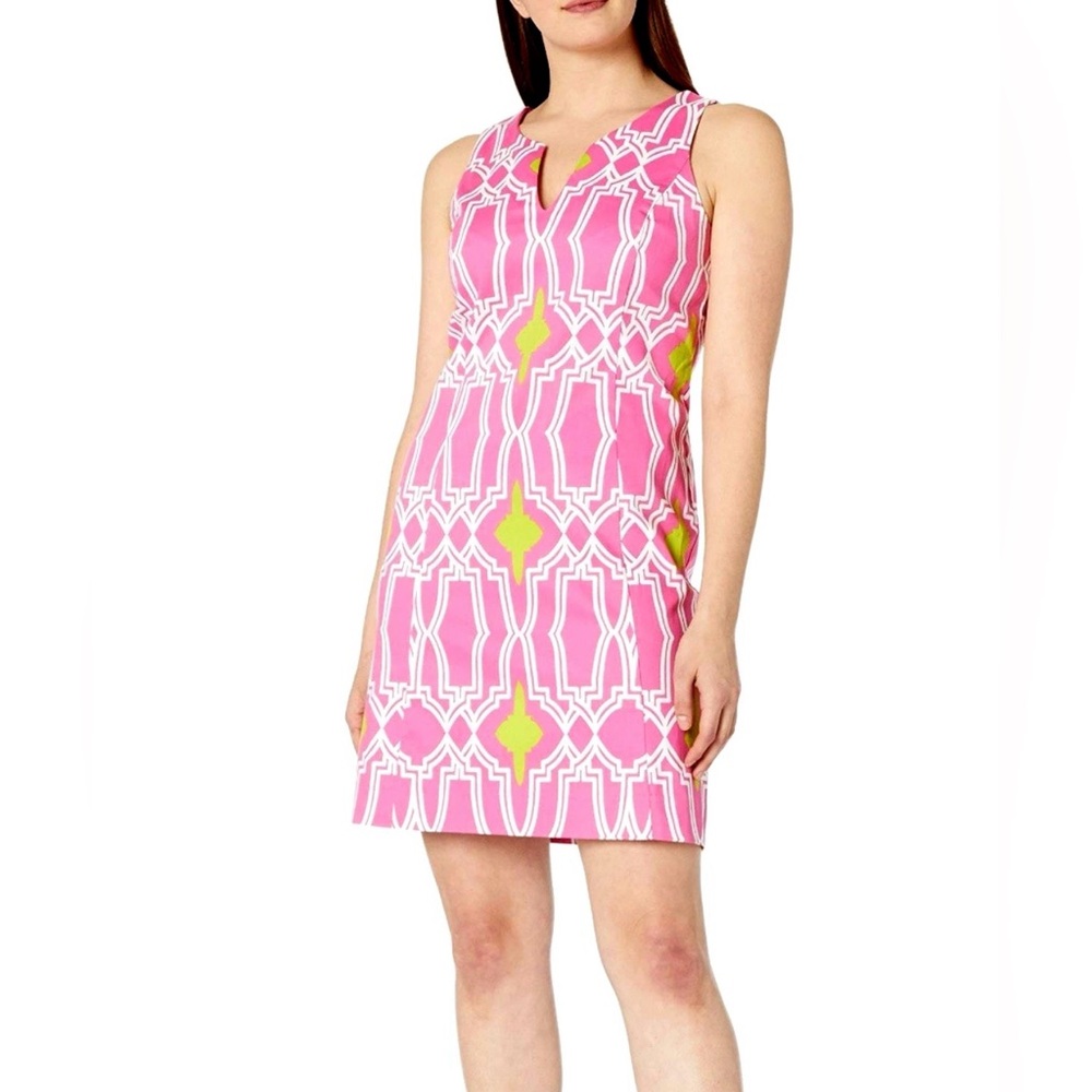 Signature Robbie Bee Womens Dress 14 Hot Pink Geometric Sheath Classic Preppy